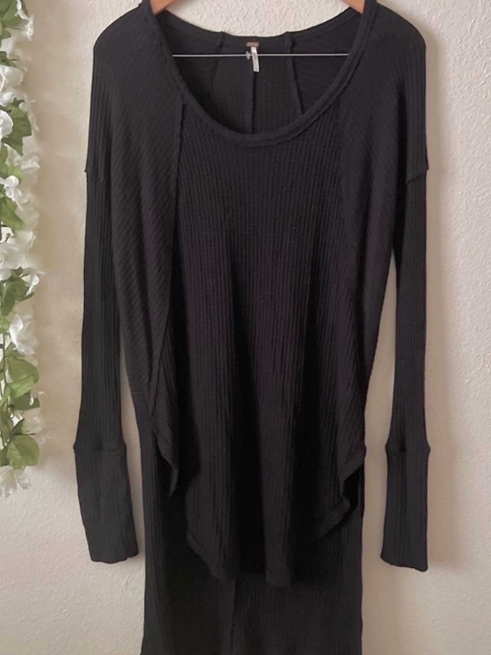 NWOT FREE PEOPLE Tunic, Long Shirt, Thermal Waffle Weave, Black, S